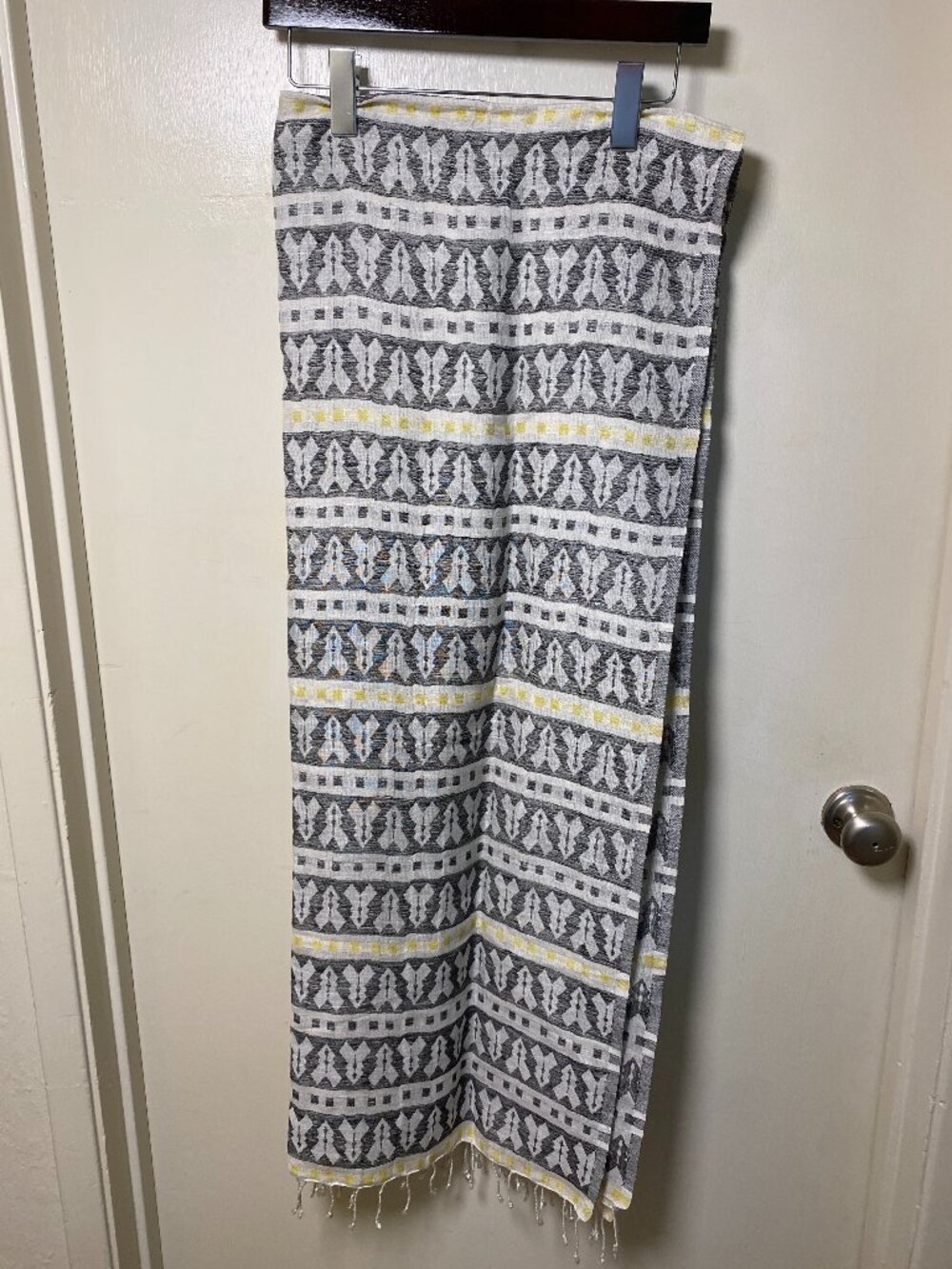 Cole Haan Linen Silk Blend Tribal Print Fringe Wrap Scarf Shawl